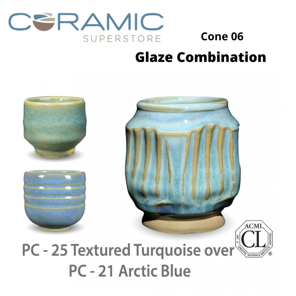 Textured Turquoise PC-25 over Blue Midnight PC-12 Pottery Cone 5 Glaze Combination